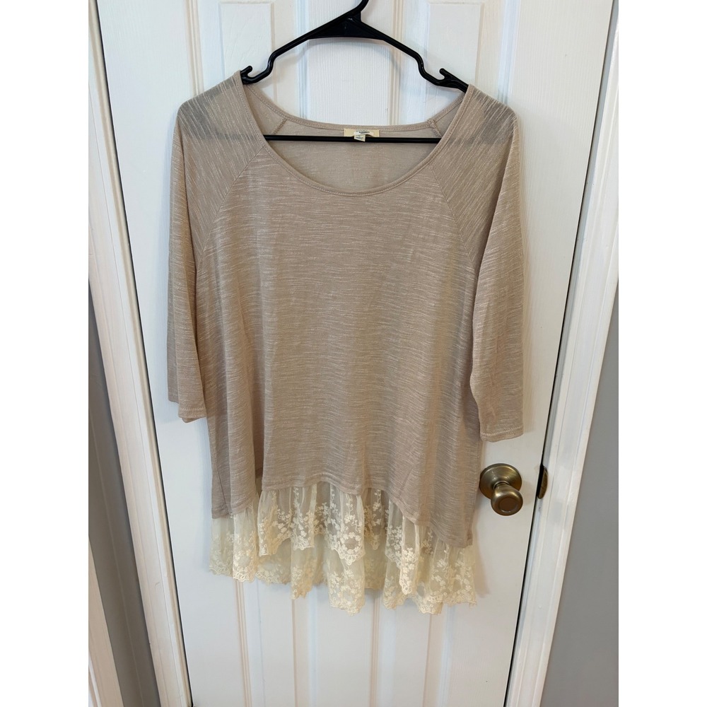 KORI Tunic Top Womens Large Tan Lace Trim 3/4 Sleeve Boho Knit Scoop Neck